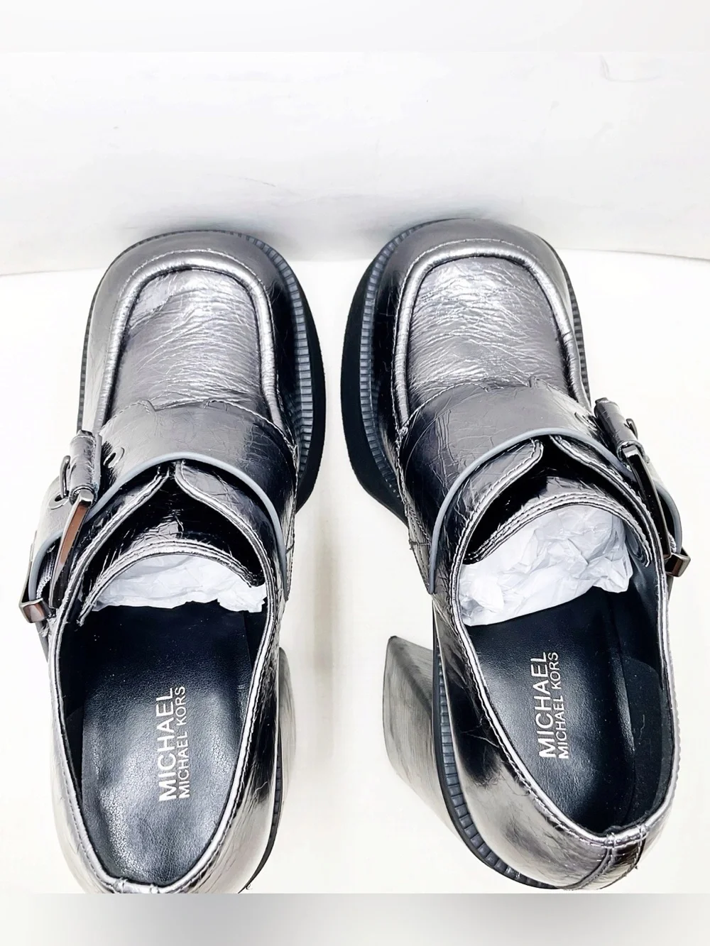 {MICHAEL Michael Kors} Colby Crackled Gunmetal Metallic Leather Platforms